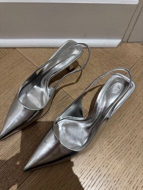Zara Metallic Silver Pointed Slingback Heels